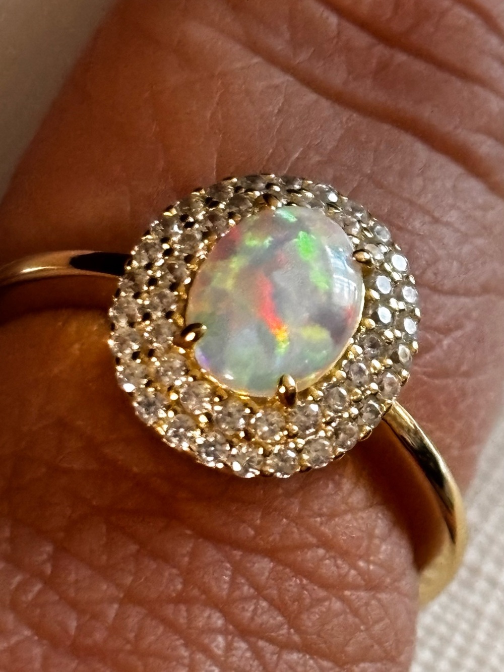 Gold over Sterling Silver 925 lab Opal Halo Ring with White Accent Stones